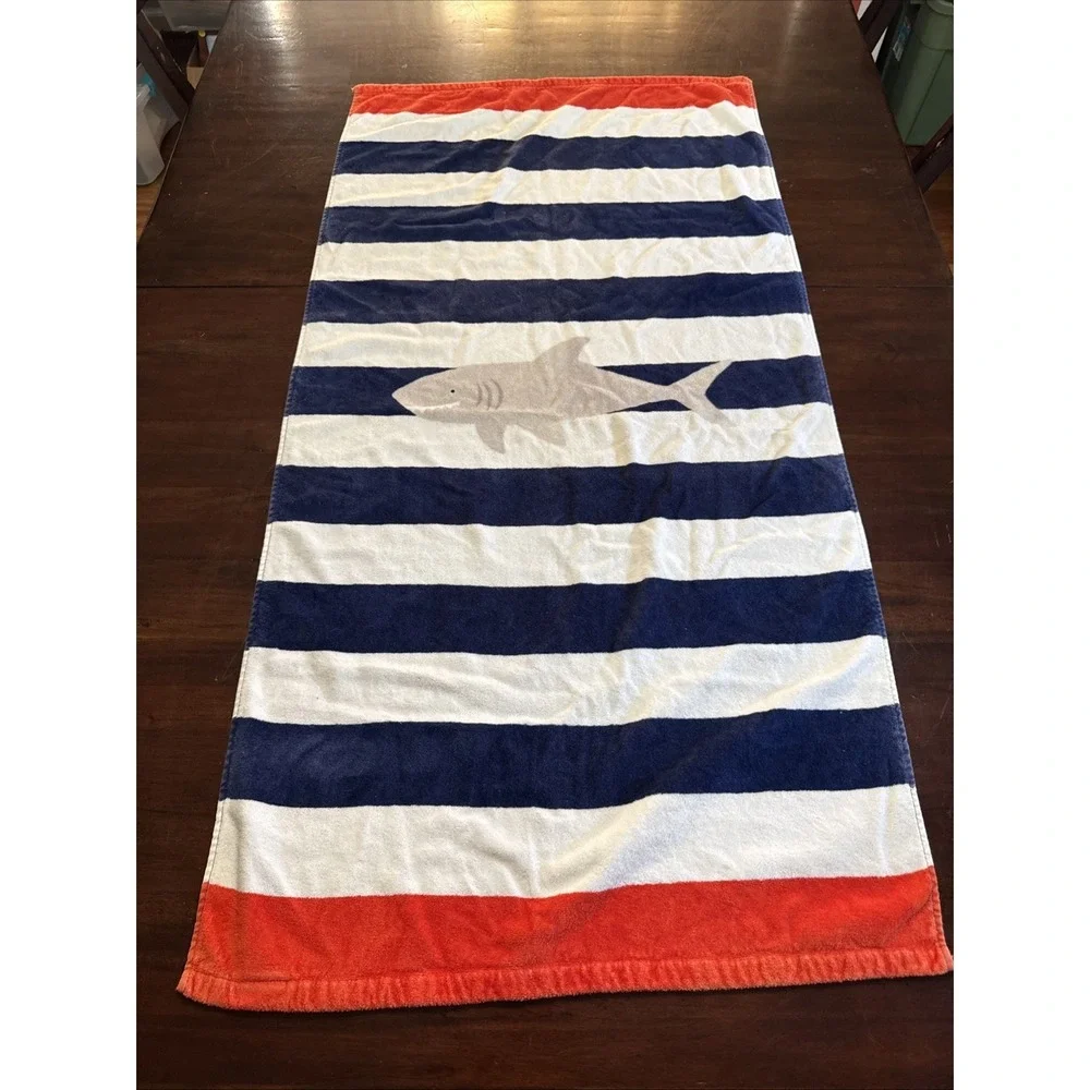 Pottery Barn Kids Towel Bath Pool Beach Shark w Blue White Stripes Boys Coastal